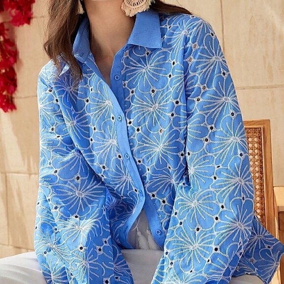 Blue Boho Women's Hollow Out Flower Embroidery Lantern Sleeve Shirt - Picture 2 of 5